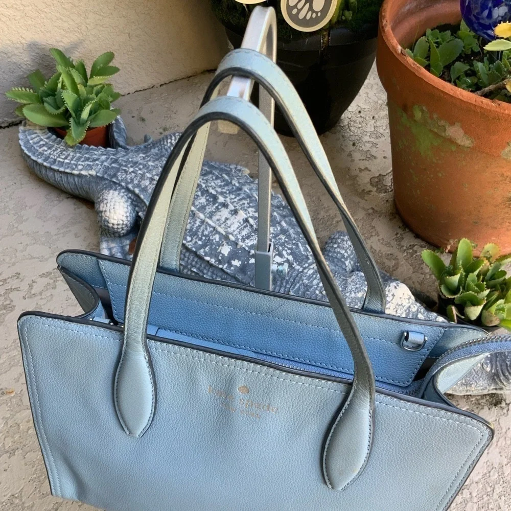 Kate Spade Rowe Dusty Blue Medium Top Zip Pebble Leather Satchel Purse Bag